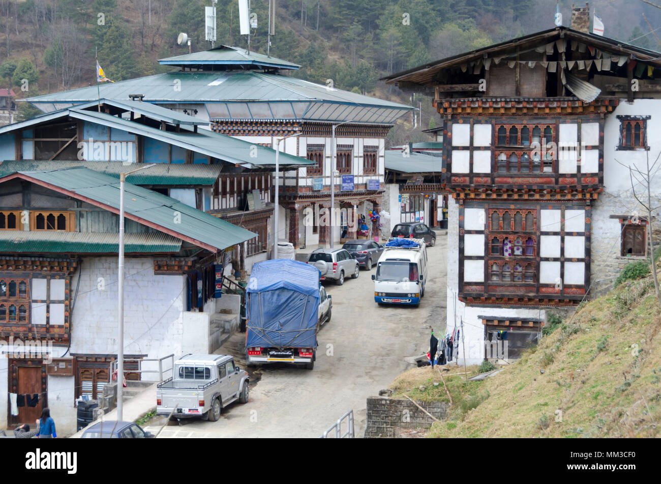Street in town centre, Trongsa, Bhutan Stock Photo