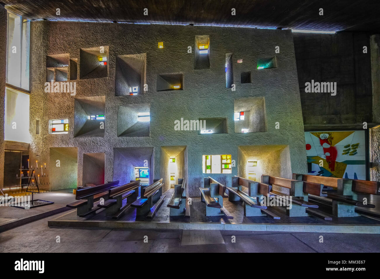 Inside the iconic Chapel in Ronchamp designed by Swiss-French architect Le Corbusier, France. Stock Photo