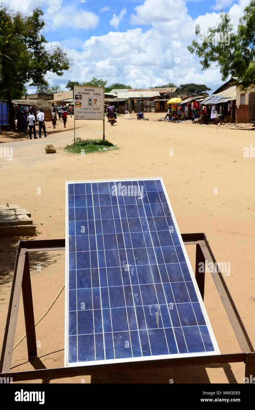 UGANDA, Karamoja, Kaabong, Karamojong pastoral tribe, solar panels for power generation and battery recharging Stock Photo