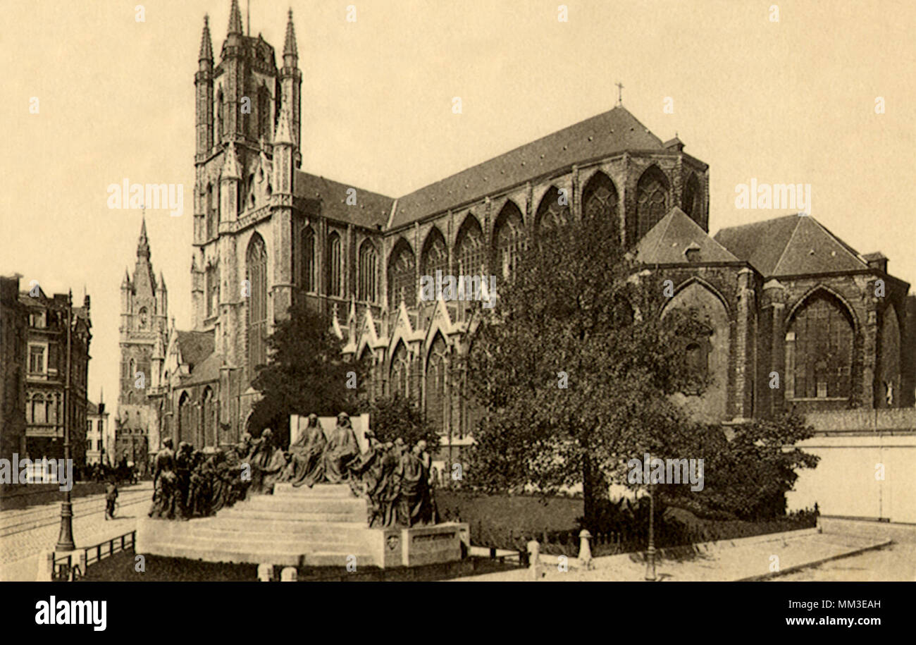 Cathedral & Van Eyck Monument. Gand. 1910 Stock Photo