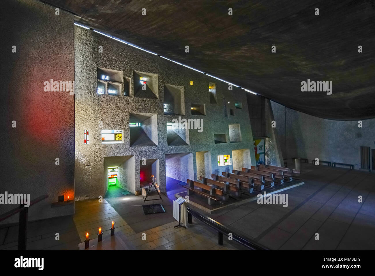 Inside the iconic Chapel in Ronchamp designed by Swiss-French architect Le Corbusier, France. Stock Photo