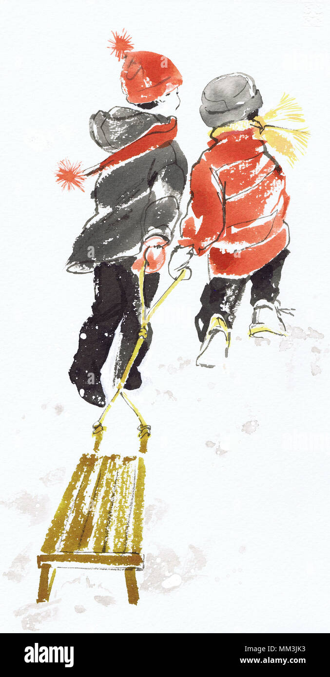 Rear view of two children pulling sled on snow Stock Photo