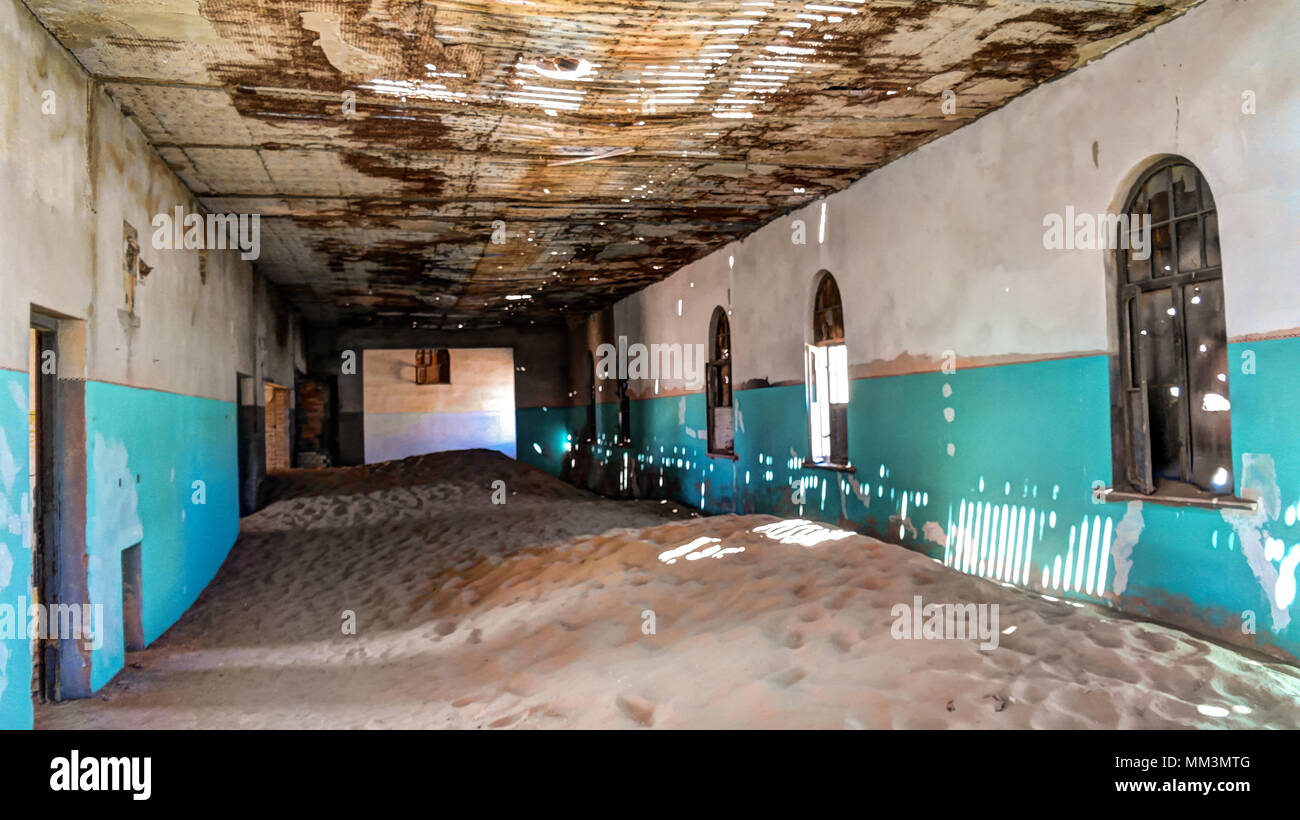 Interior of ruined house in ghost-town Kolmanskop, Namibia Stock Photo