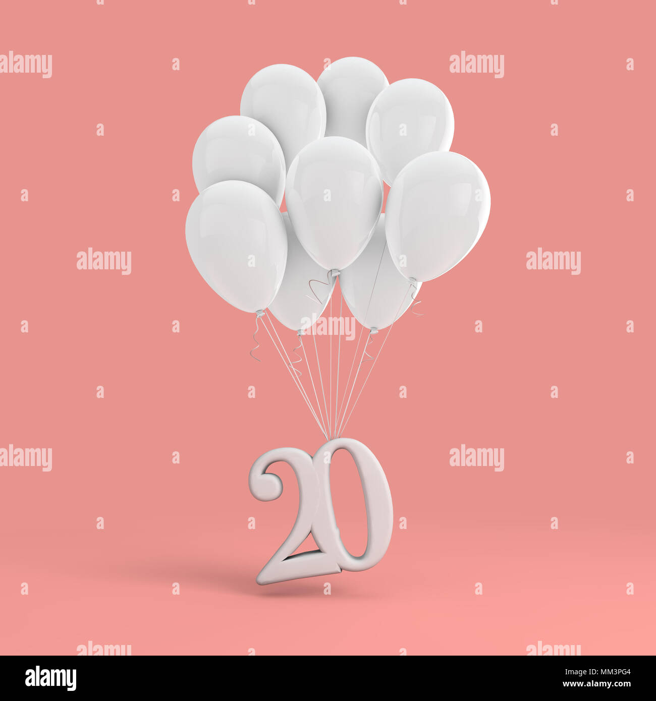 Number 20 party celebration. Number attached to a bunch of white balloons Stock Photo