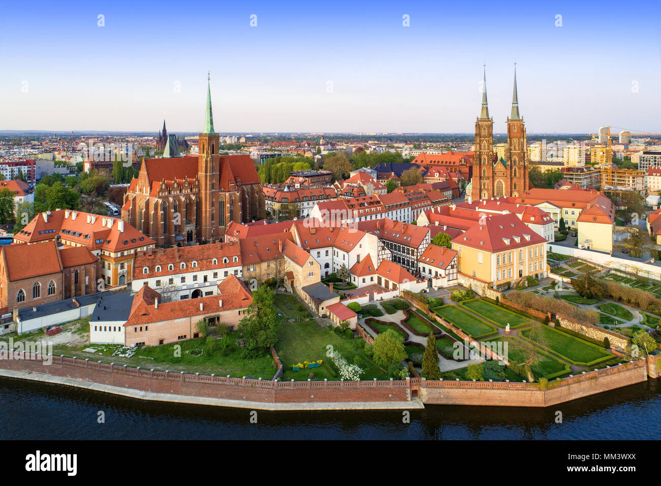 Poland. Wroclaw. Ostrow Tumski district with Gothic cathedral of St. John the Baptist,  Collegiate Church of the Holy Cross and St. Bartholomew and Od Stock Photo