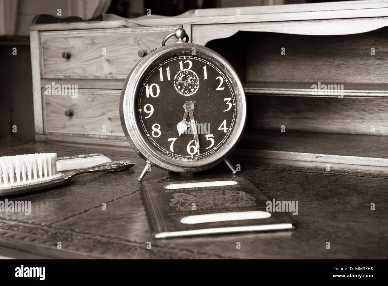 Antique Wooden Desk With British Passport Alarm Clock And