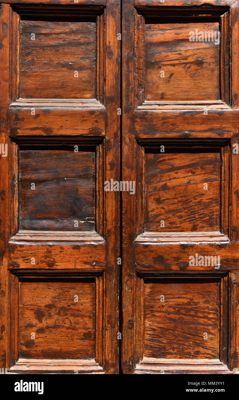 Old brown wooden panel door as background Stock Photo