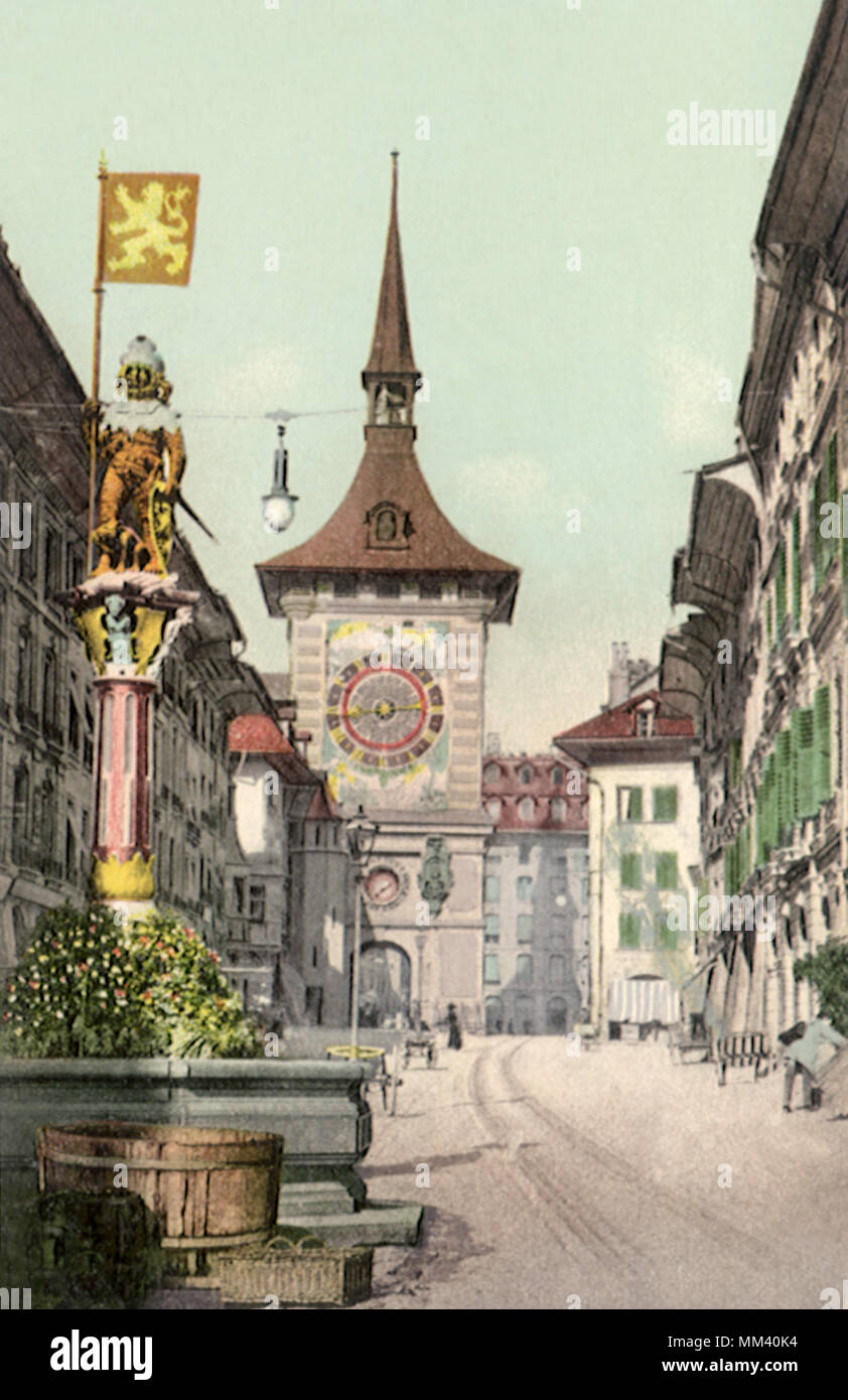Bell Tower Clock and Lane. Bern. 1910 Stock Photo