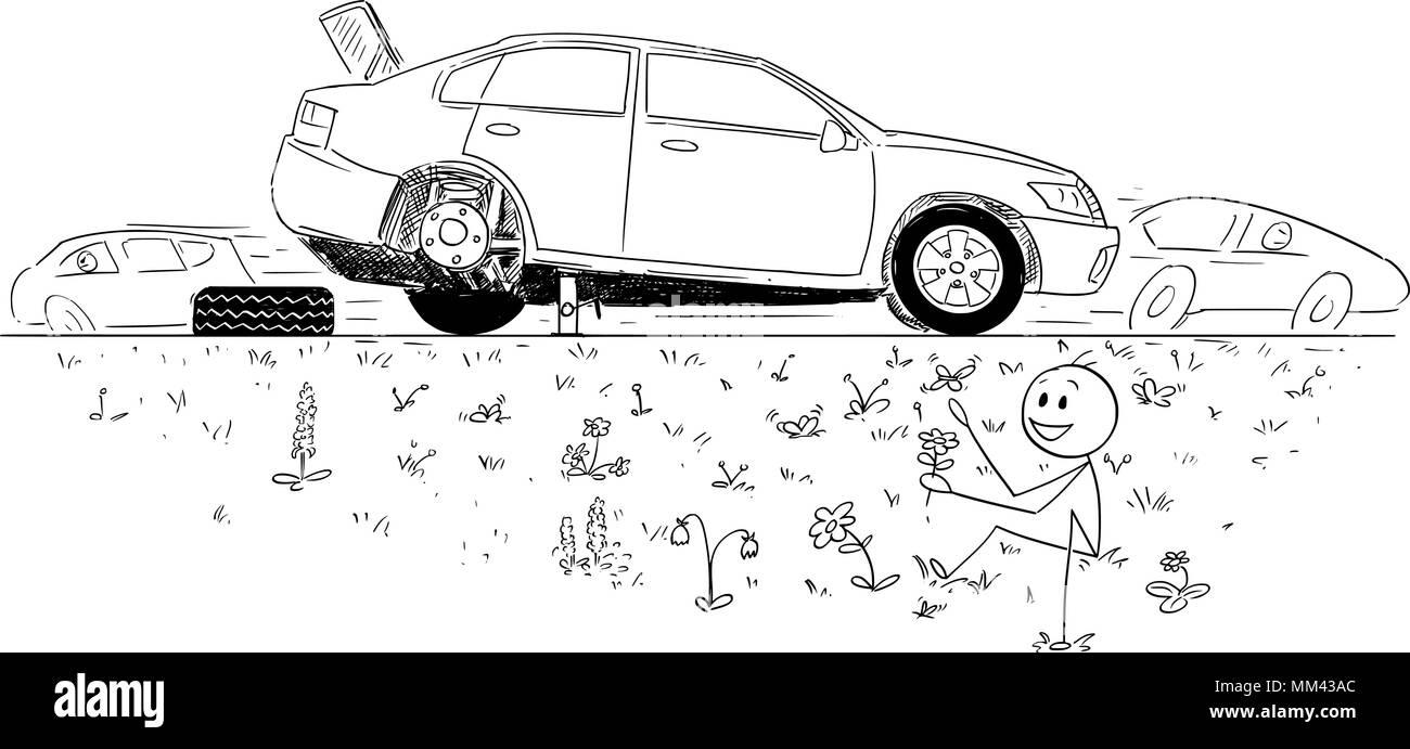 Cartoon of Man Repairing Broken Car and Founding Beauty of Nature in Road Ditch Stock Vector