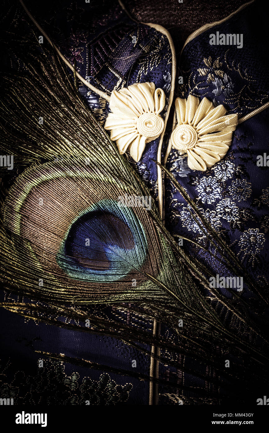 close up of peacock feather eye lying on chinese silk tunic Stock Photo