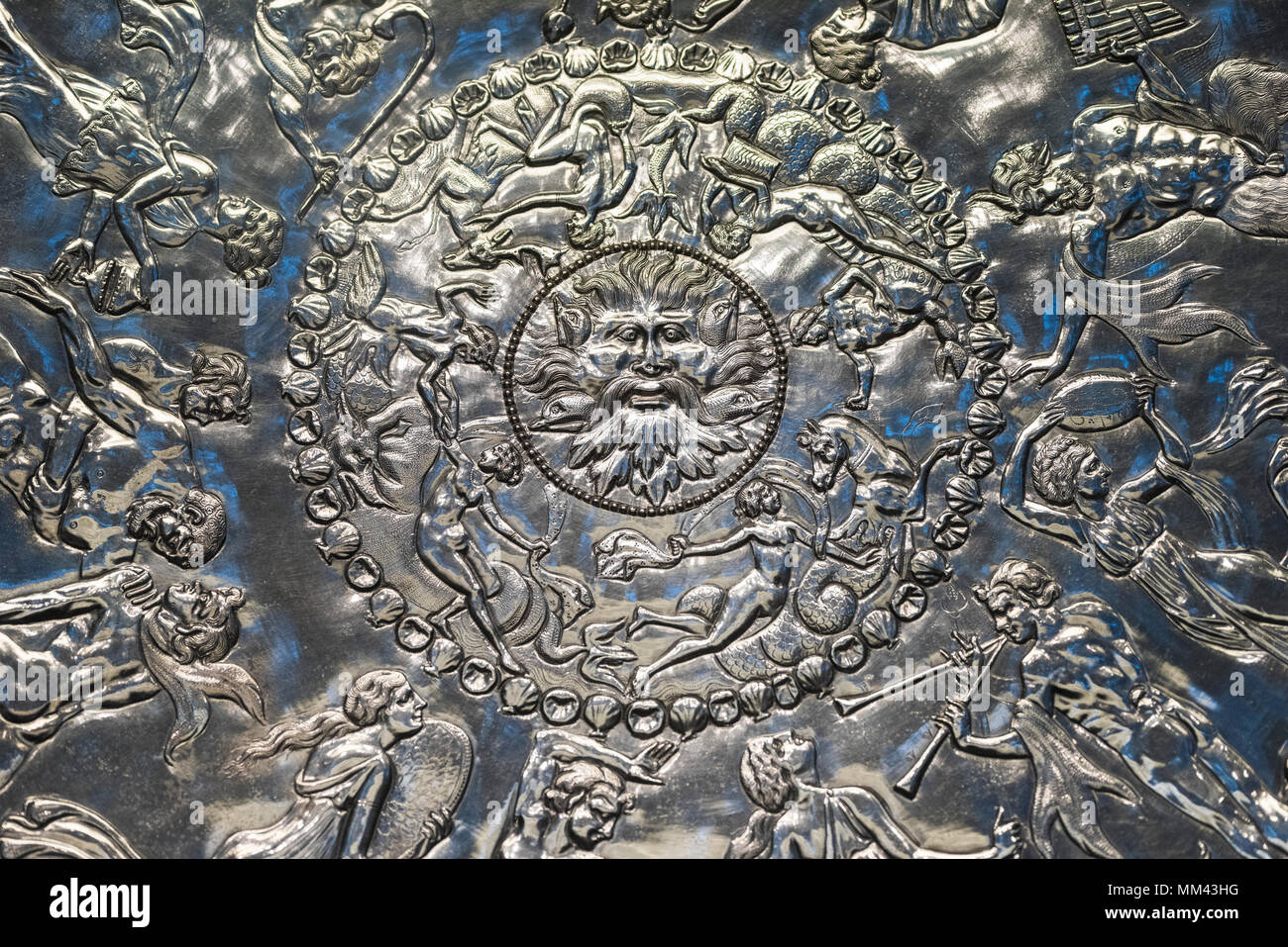 London. England. British Museum. The Mildenhall Great Dish, aka Neptune or Oceanus Dish, is a 4th century AD Roman Bacchic silver platter, and is the  Stock Photo