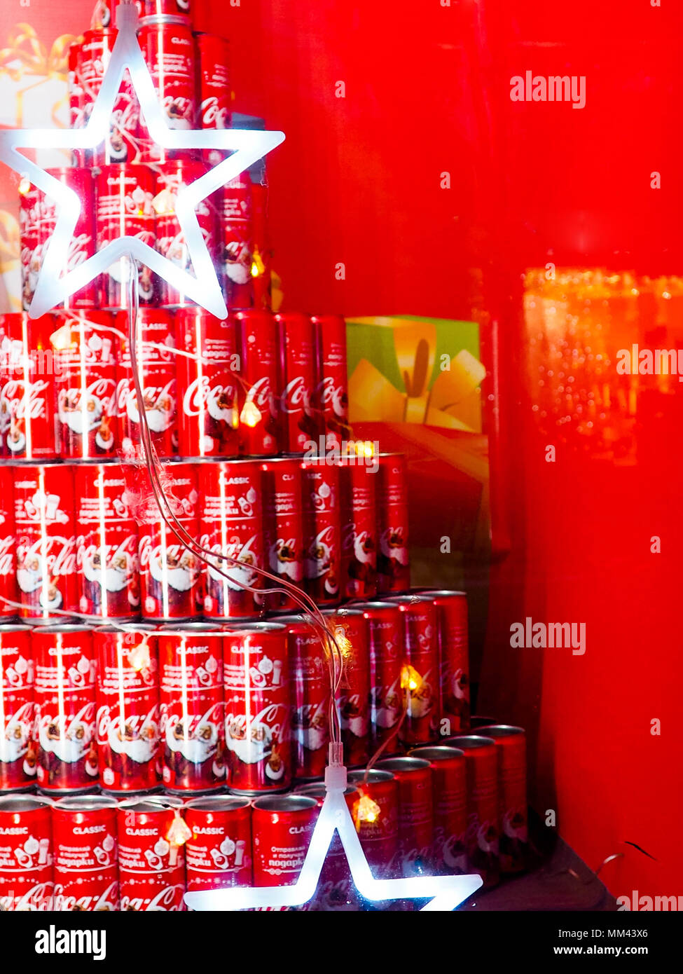 RUSSIA- DECEMBER 09, 2017: many bottles of Coca Cola Christmas in the