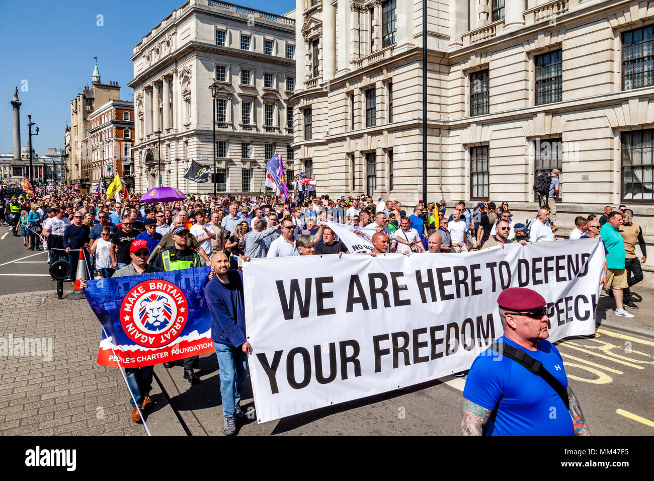 People from across the Uk take part in a freedom of speech rally in Whitehall, organised by the right wing activist Tommy Robinson, London, UK Stock Photo