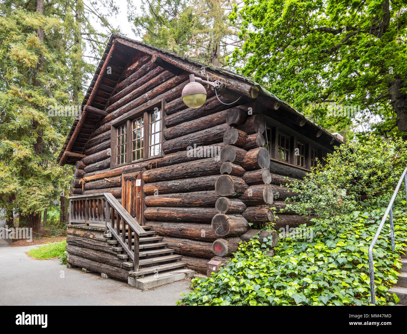 Traditional log cabin on the UC Berkeley university campus, Berkeley, CA, USA. Stock Photo