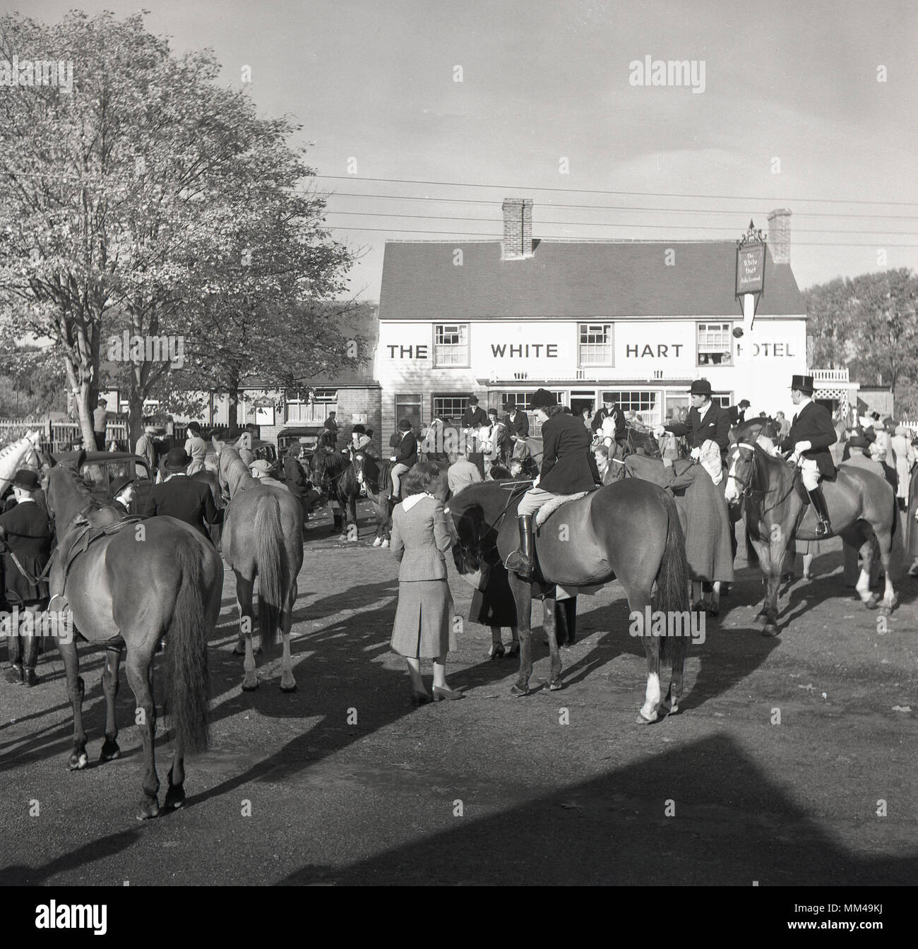 1950s, historical, members of the local hunt on their horses, gather outside The White Hart Hotel, England, UK before the start of the chase. Stock Photo