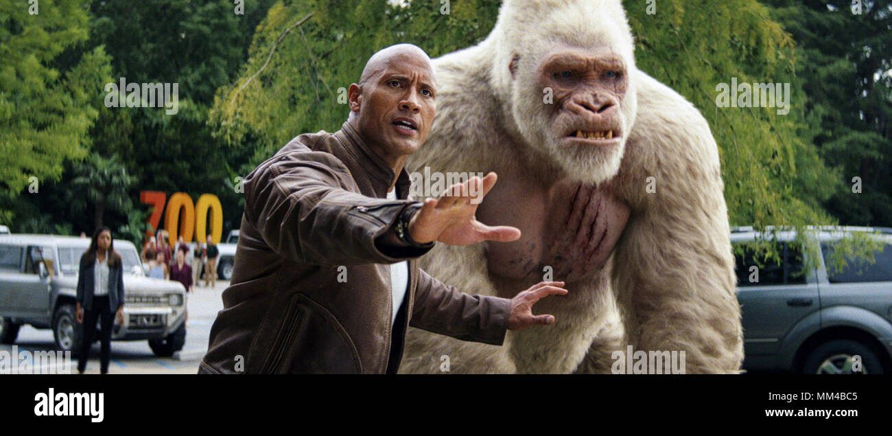 Rampage is an upcoming American action adventure monster film directed by Brad Peyton. It is loosely based on the video game series of the same name by Midway Games. The film stars Dwayne Johnson, Naomie Harris, Malin Åkerman, Joe Manganiello, Jake Lacy, Marley Shelton, and Jeffrey Dean Morgan.  This photograph is for editorial use only and is the copyright of the film company and/or the photographer assigned by the film or production company and can only be reproduced by publications in conjunction with the promotion of the above Film. A Mandatory Credit to the film company is required. The P Stock Photo