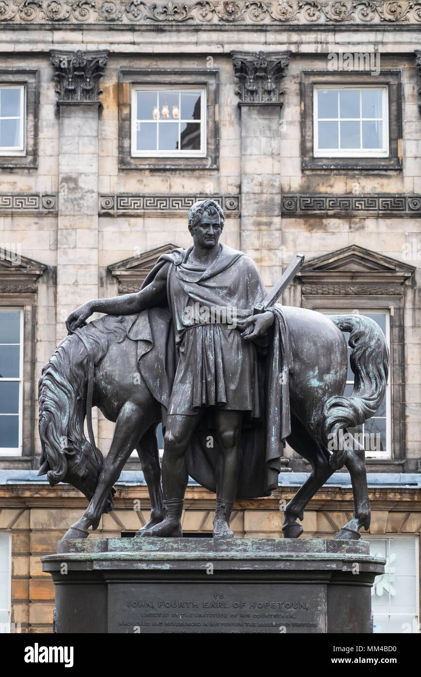 Statue of John, Fourth Earl of Hopetoun, outside headquarters of Royal Bank of Scotland in St Andrews Square in Edinburgh, Scotland, UK Stock Photo