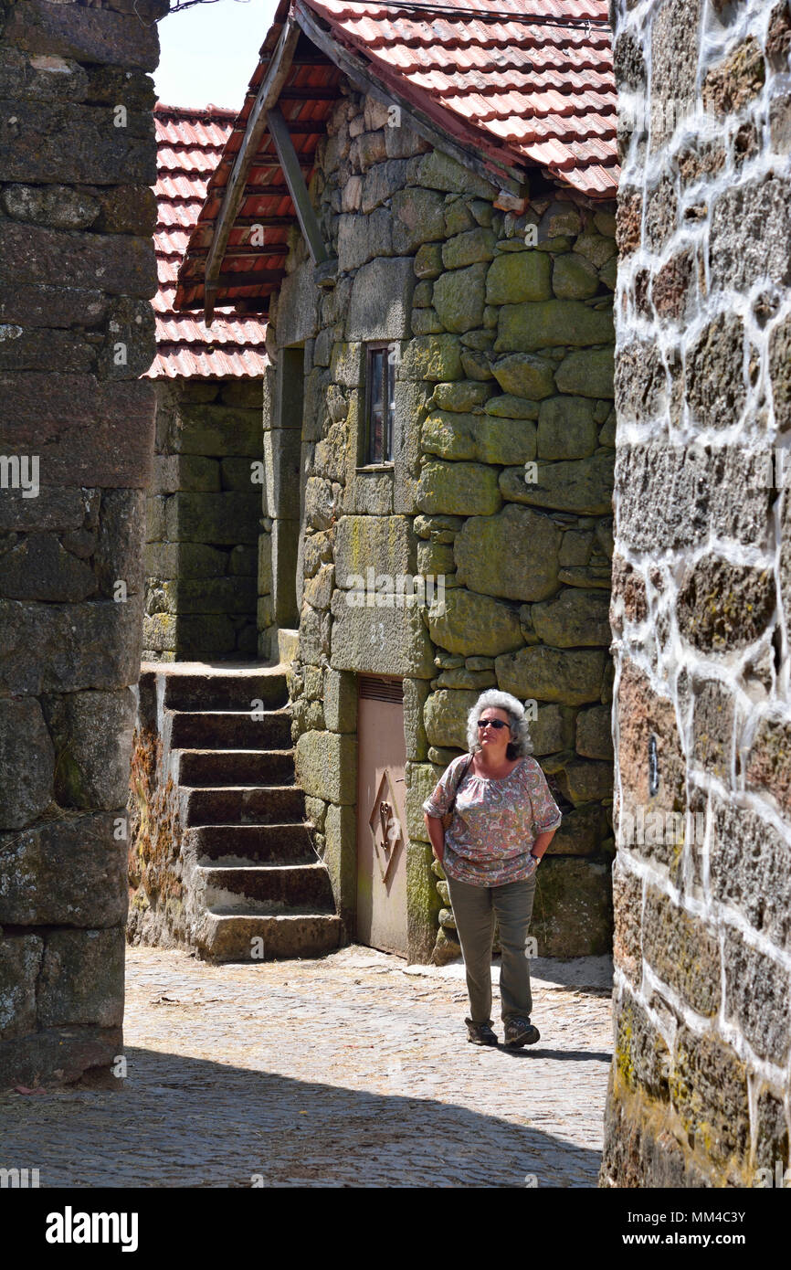 Walking in the old village of Mourilhe. Tras os Montes, Portugal Stock Photo