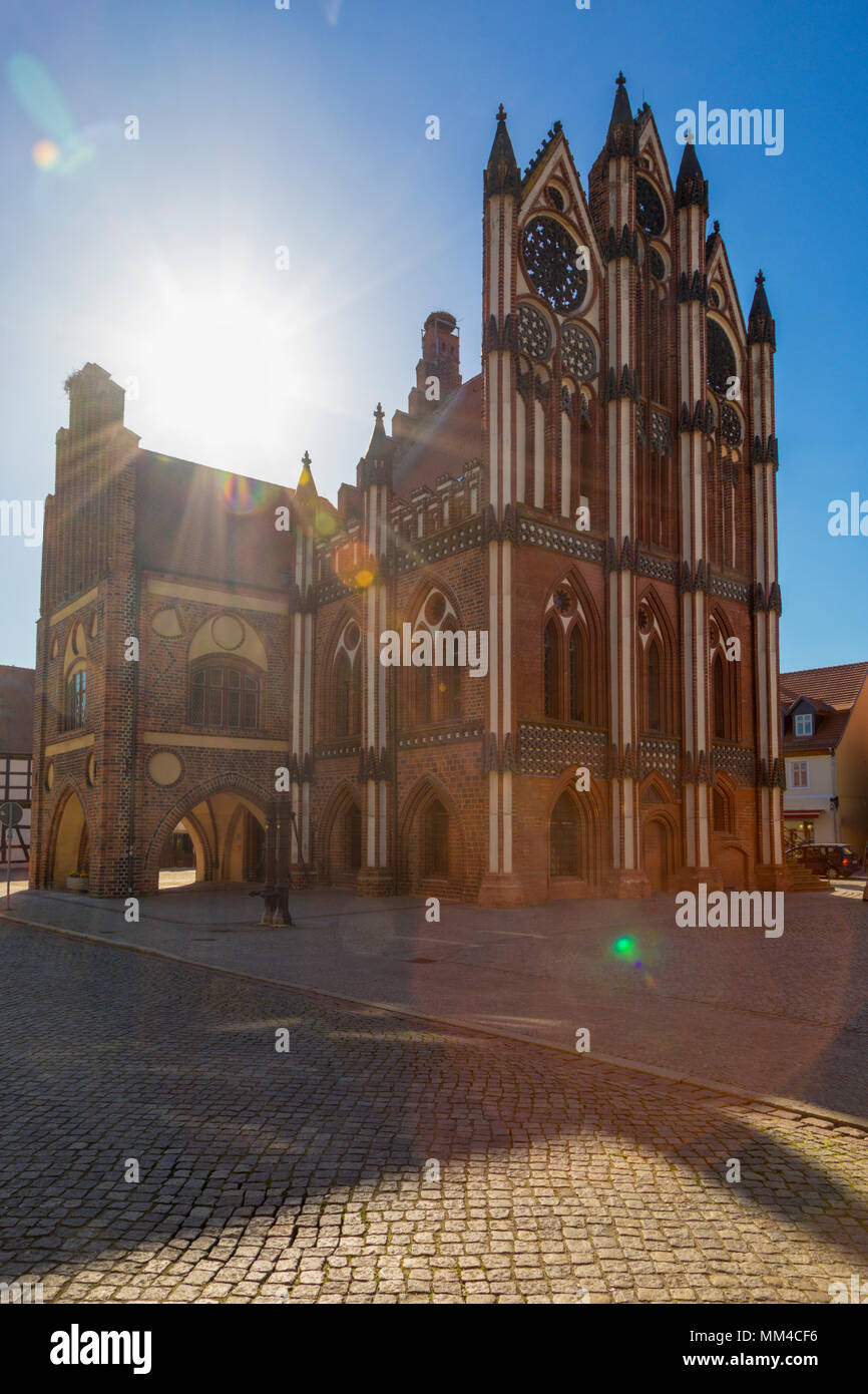 Town Hall of Tangermünde, Germany,  against bright sun Stock Photo
