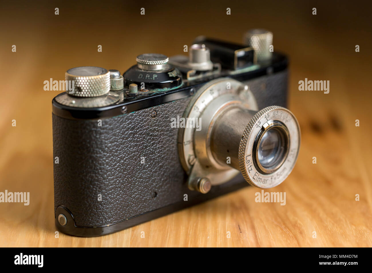 Vintage 35mm film camera, the Leica 1A with the 5cm lens. Stock Photo