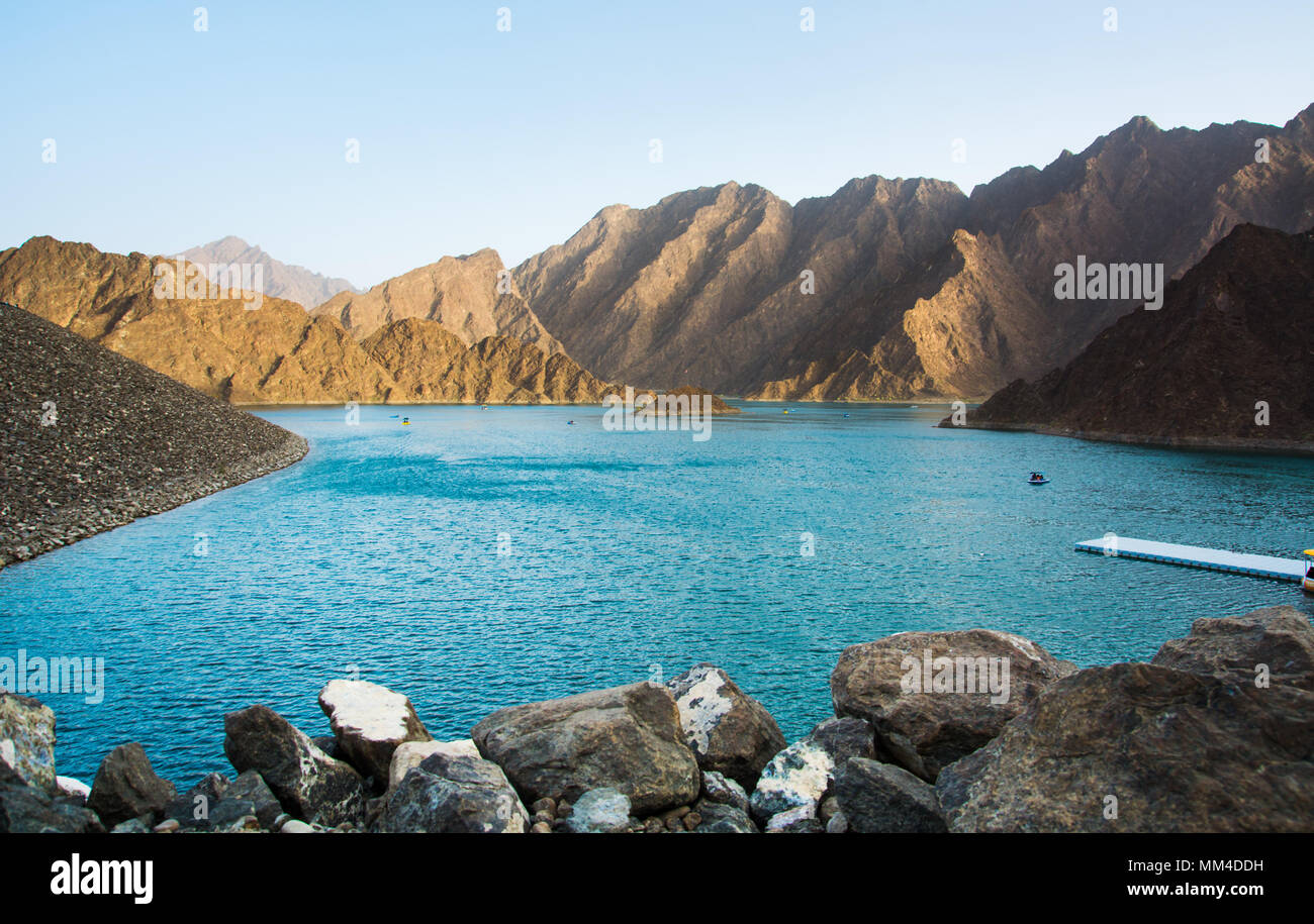 Hatta Dam Lake scenery in eastern Dubai, United Arab Emirates Stock Photo