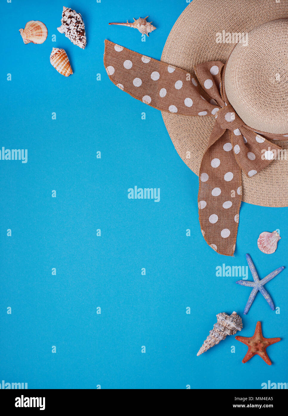 Straw  hat and seashells on blue background Stock Photo