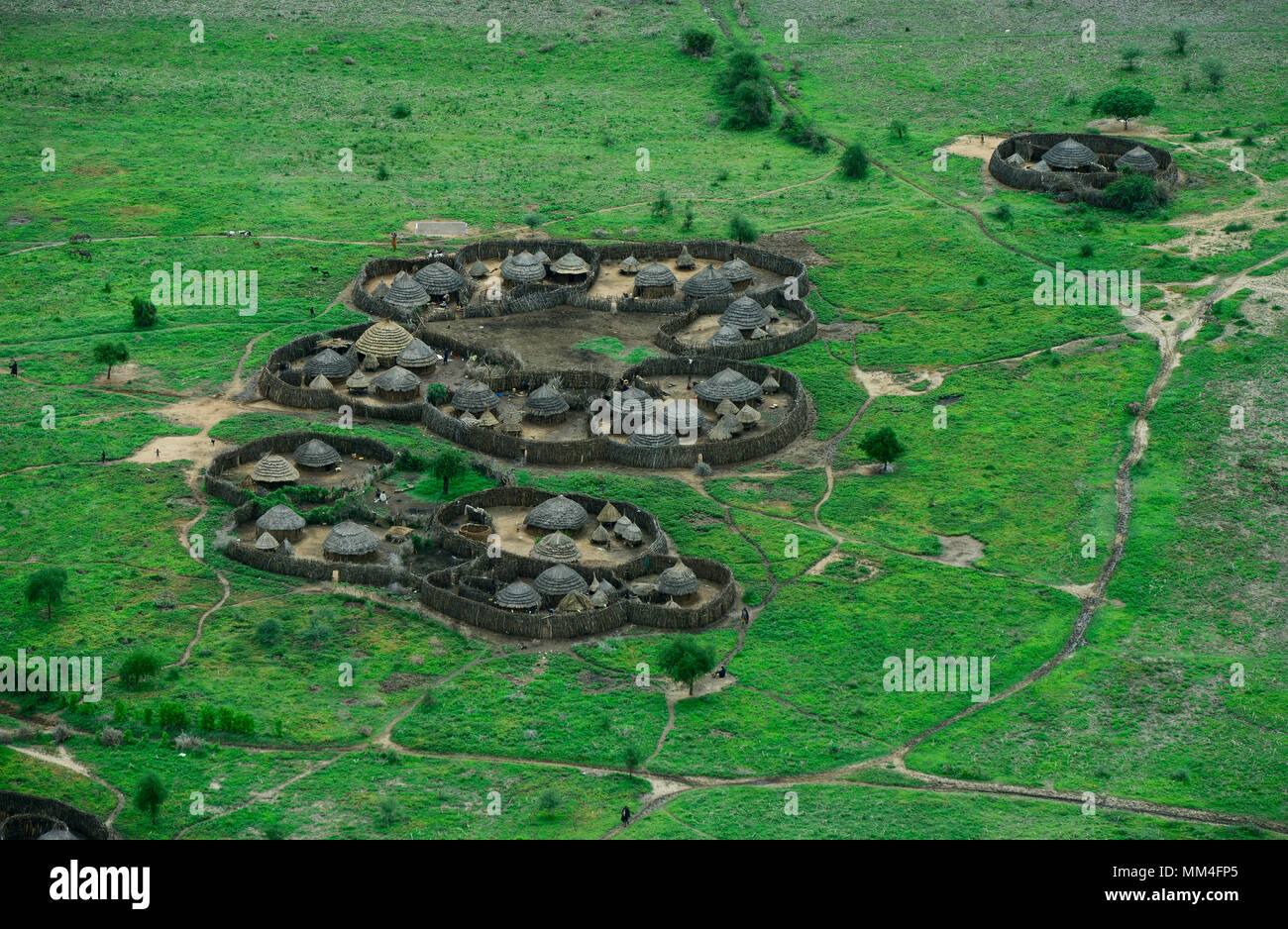 UGANDA, Karamoja, Kotido, karamojong pastoral tribe, aerial view of
