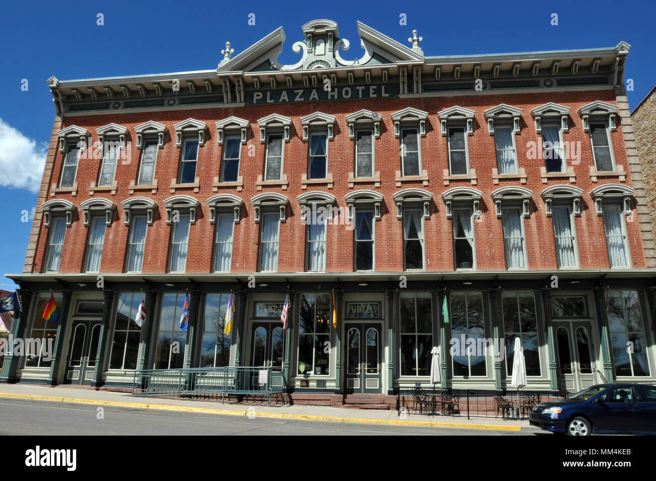 The landmark Plaza Hotel in Las Vegas, New Mexico, opened in 1882 and has featured in several films including 2007's No Country for Old Men. Stock Photo