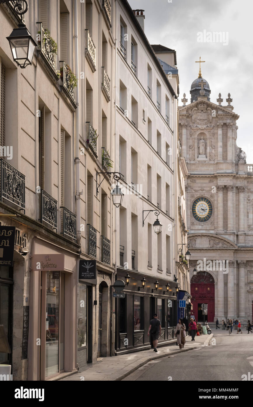 Marais Street with church and shops, Paris, France, Stock Photo
