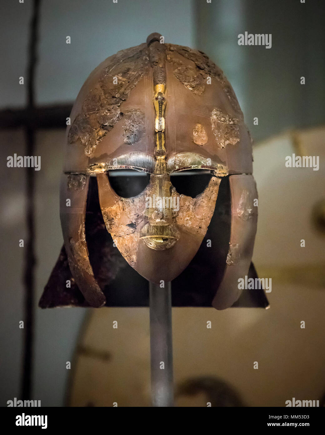 London. England. British Museum. The Sutton Hoo Helmet.  The Sutton Hoo ship burial in Suffolk, England, excavated in 1939, is one of the most signifi Stock Photo