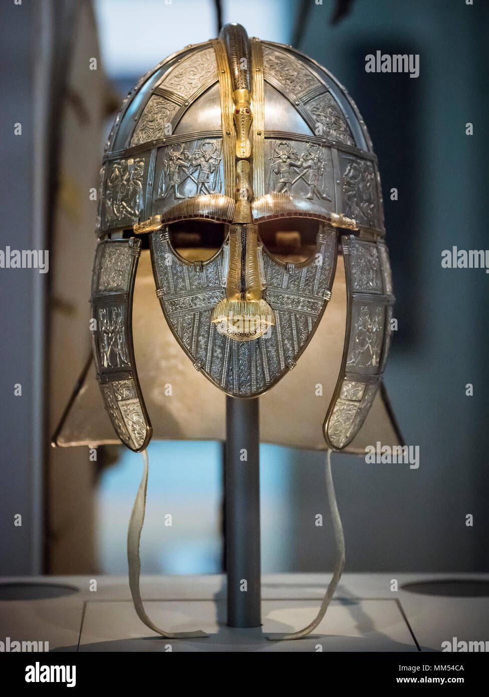 London. England. British Museum. A Replica of the Sutton Hoo Helmet made by the Royal Armouries.  The Sutton Hoo ship burial in Suffolk, England, exca Stock Photo