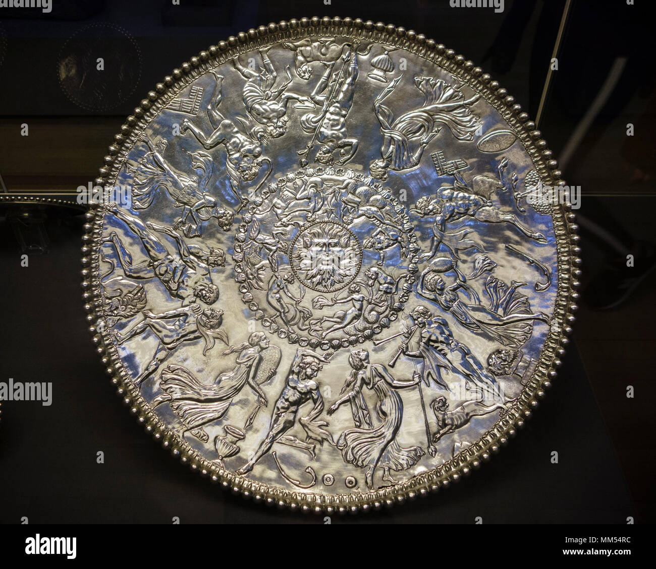 London. England. British Museum. The Mildenhall Great Dish, aka Neptune or Oceanus Dish, is a 4th century AD Roman Bacchic silver platter, and is the  Stock Photo