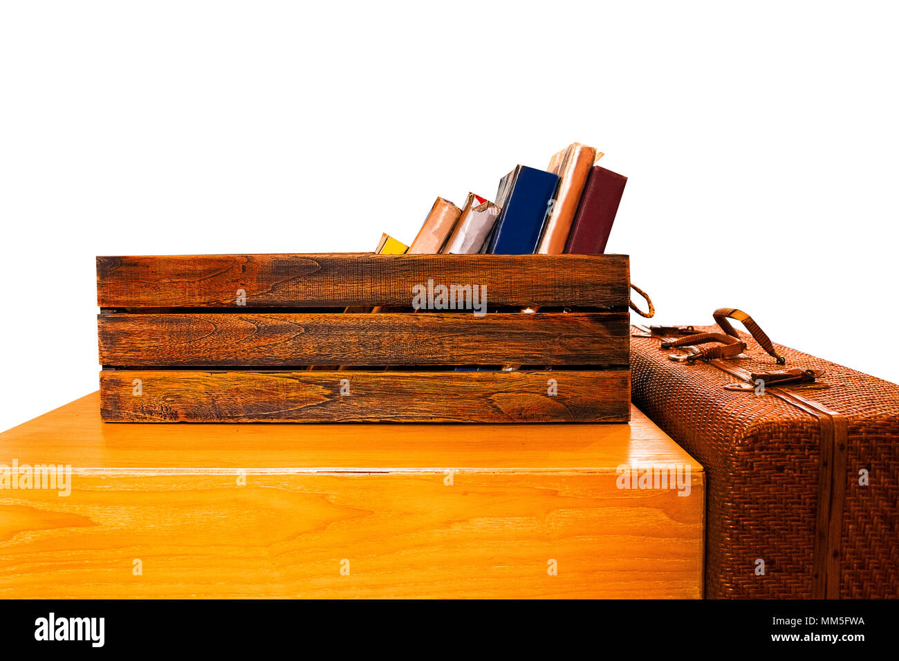 Vintage box , book , wood luggage bag and on white background.Closed up