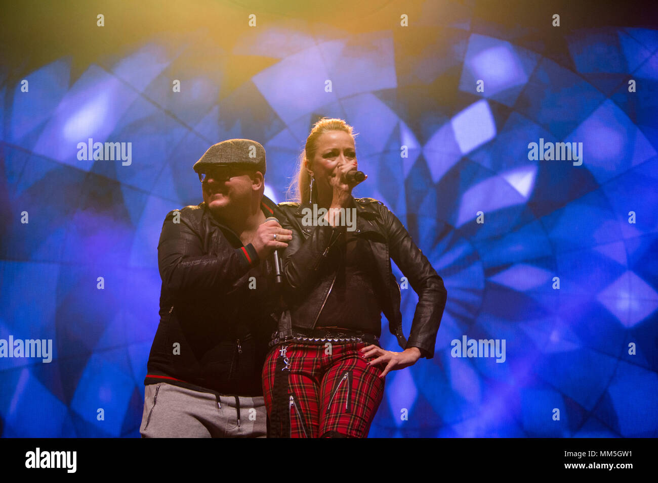Norway, Bergen - April 30, 2018. The Danish Eurodance group Daze performs a live concert during the We Love the 90’s show at Bergenshallen in Bergen. Here singer Trine Bix (R) is seen live on stage with Jesper Tønnov Rasmussen (L). (Photo credit: Gonzales Photo - Jarle H. Moe). Stock Photo