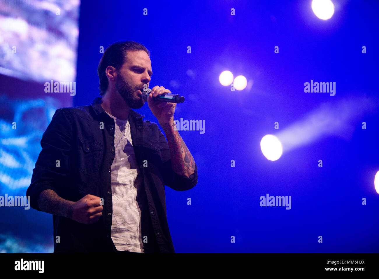 Norway, Bergen - April 30, 2018. The English boy band Five performs a live concert during the We Love the 90’s show at Bergenshallen in Bergen. Here singer Scott Robinson is seen live on stage. (Photo credit: Gonzales Photo - Jarle H. Moe). Stock Photo