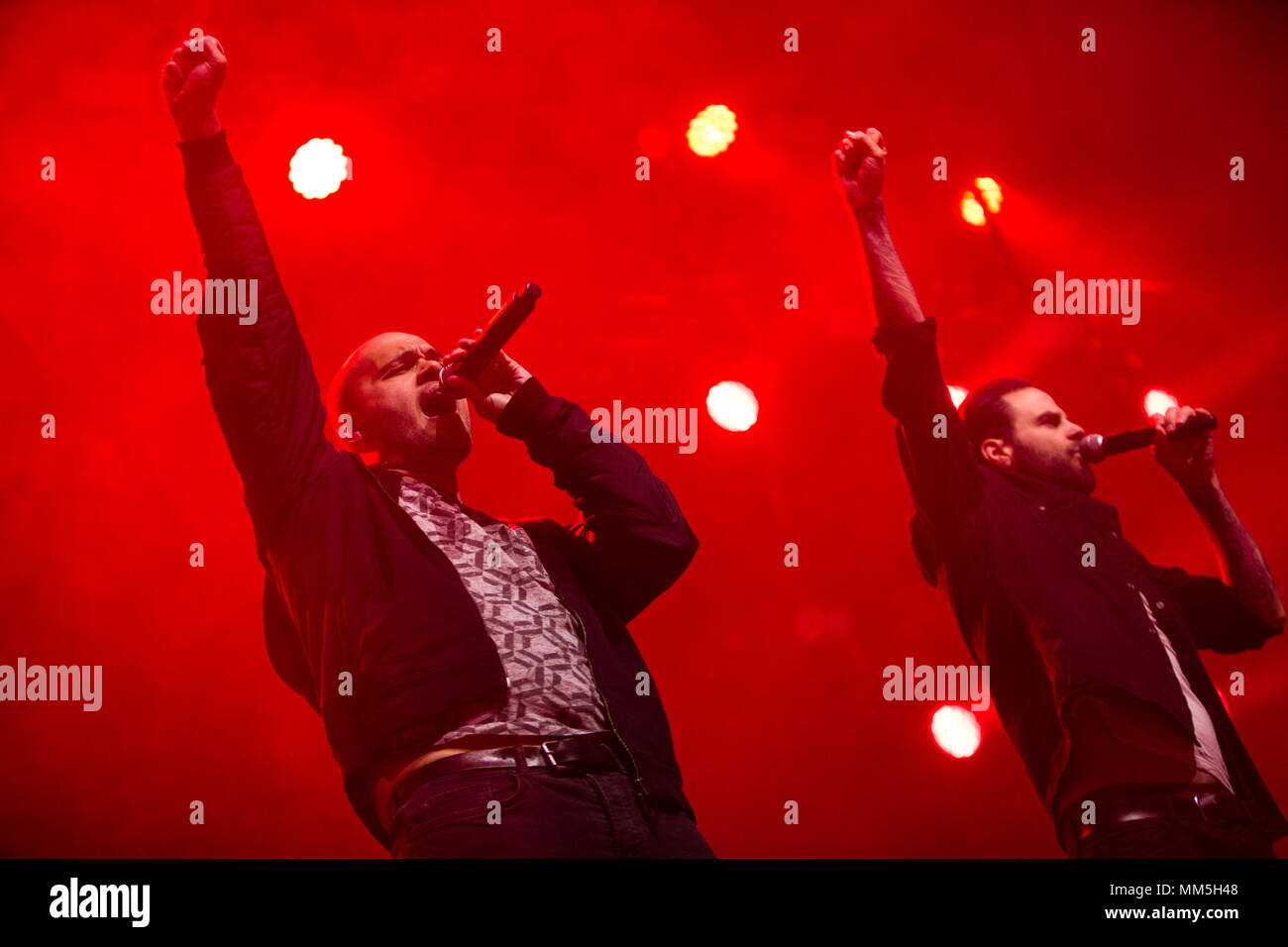 Norway, Bergen - April 30, 2018. The English boy band Five performs a live concert during the We Love the 90’s show at Bergenshallen in Bergen. Here singers Sean Conlon (L) and Scott Robinson (R) are seen live on stage. (Photo credit: Gonzales Photo - Jarle H. Moe). Stock Photo