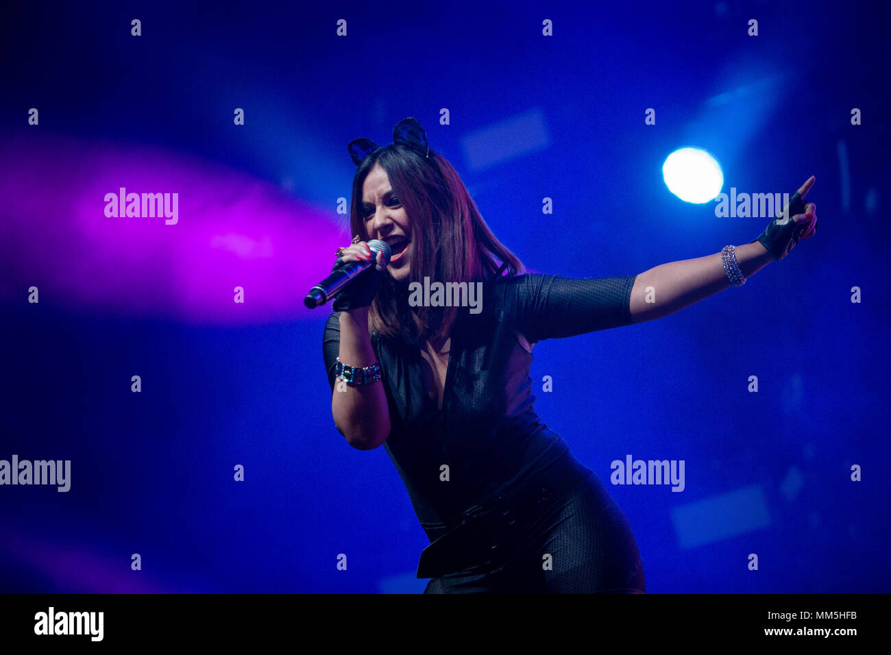 Norway, Bergen - April 30, 2018. The Danish Bubblegum-dance group Hit'n'Hide performs a live concert during the We Love the 90’s show at Bergenshallen in Bergen. Here singer Christina Schack is seen live on stage. (Photo credit: Gonzales Photo - Jarle H. Moe). Stock Photo