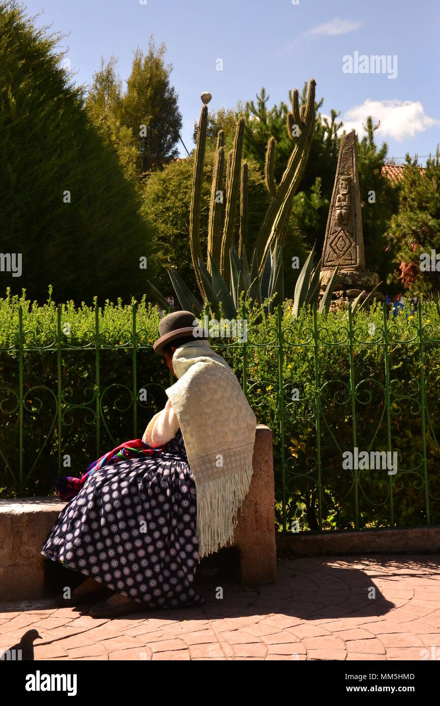 Bolivian Traditional Woman Sitting Hat Dress Cactus Park Stock Photo