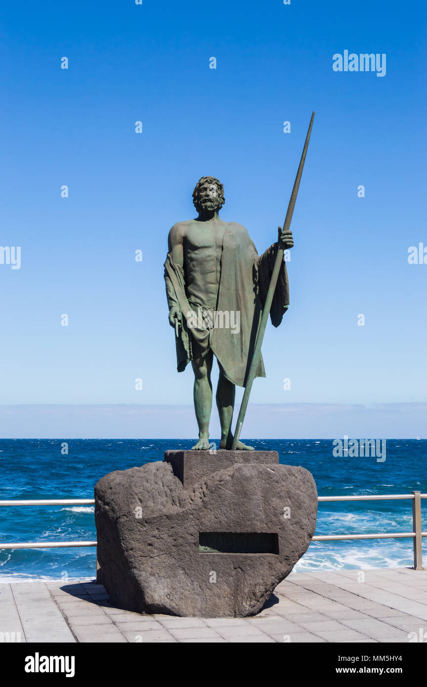 Candelaria,Spain,Europe-29/04/2018.Statue of an ancient Canary Islands native guanche on the waterfront in the city of Candelaria Stock Photo