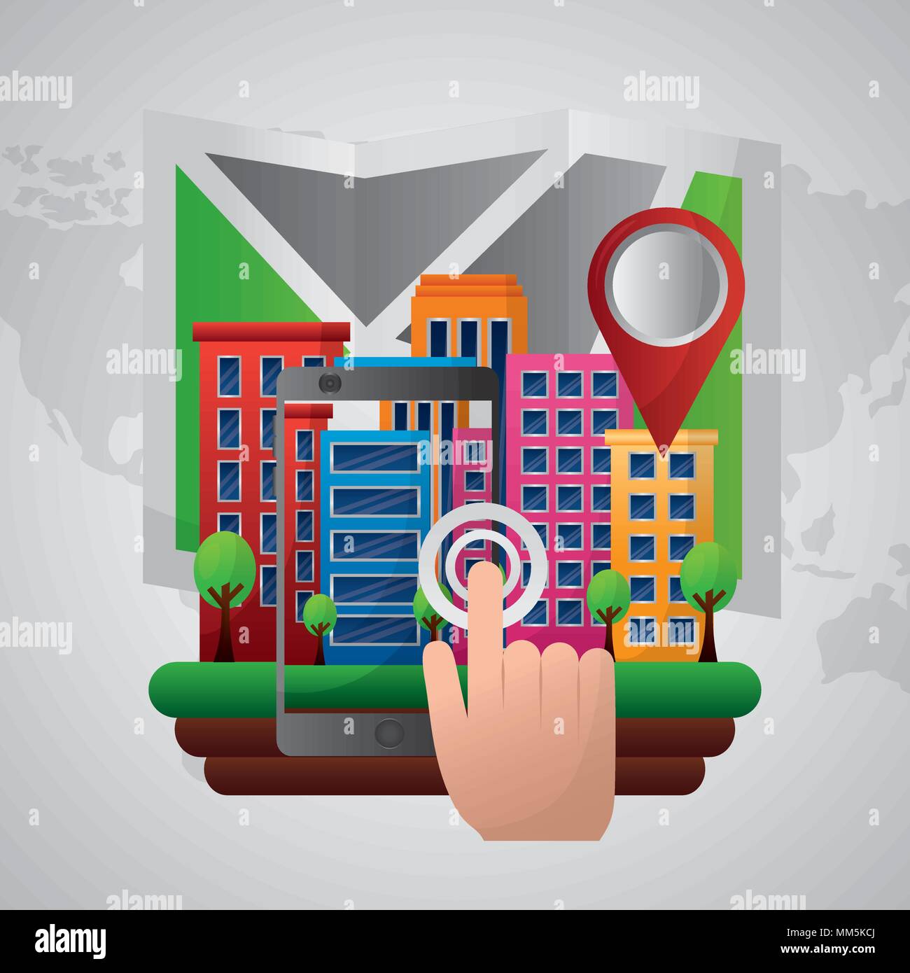 gps navigation application hand clicking  high buildings red pin maps vector illustration Stock Vector