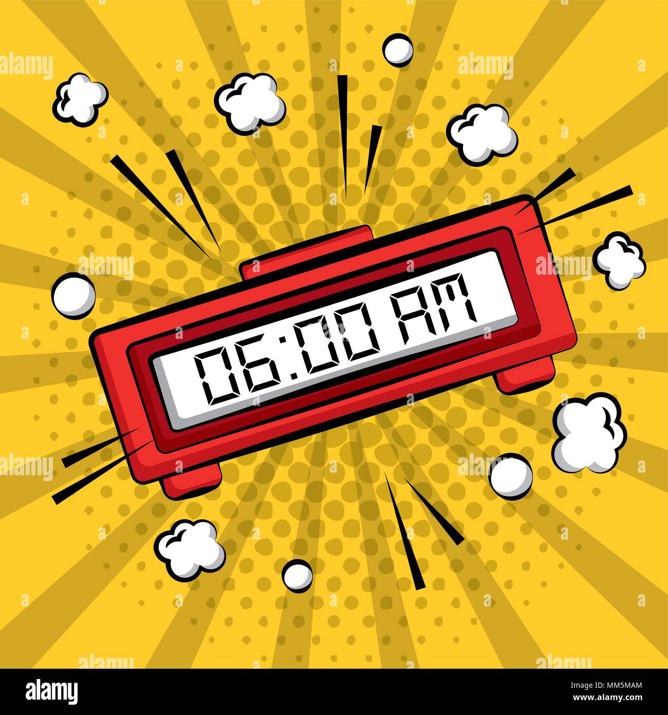 comic pop art alarm clock digital yellow sunburst background vector