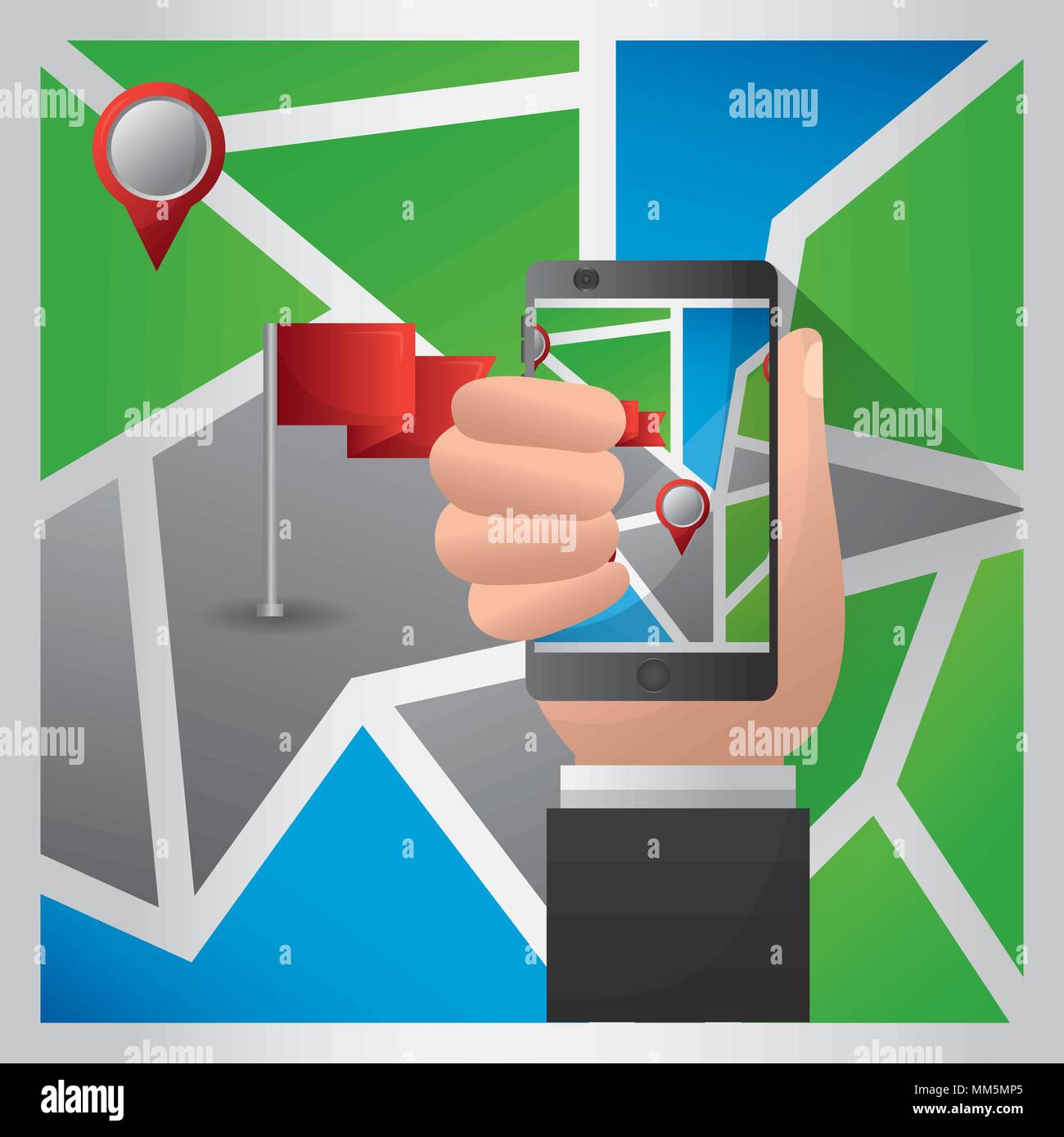 gps navigation application colorful map background hand holding ...