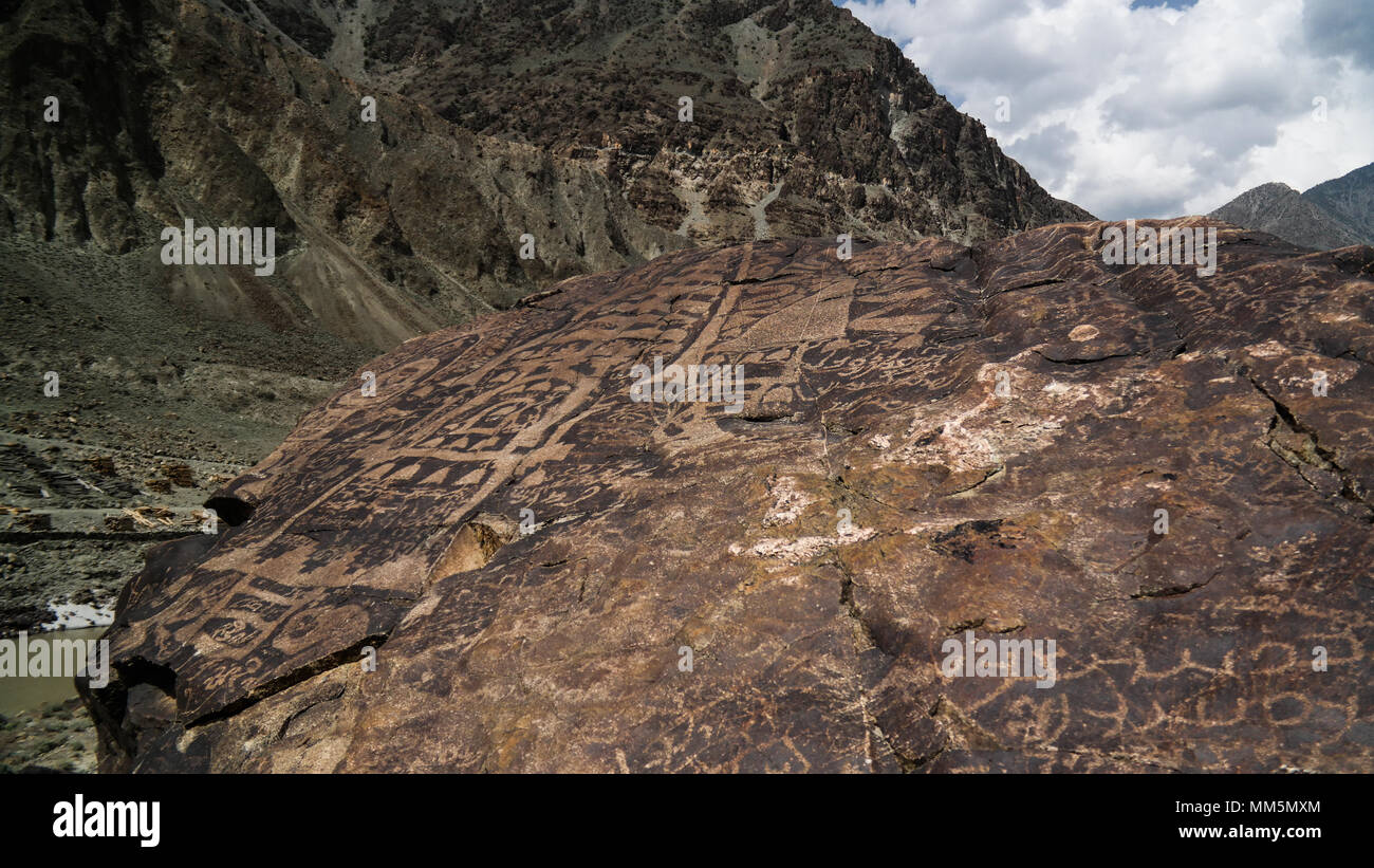 Petroglyphs at the bank of Indus river, Karakorum, Gilgit-Baltistan, Pakistan Stock Photo