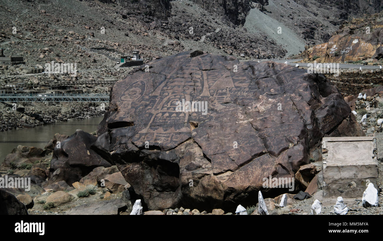 Petroglyphs at the bank of Indus river, Karakorum, Gilgit-Baltistan, Pakistan Stock Photo