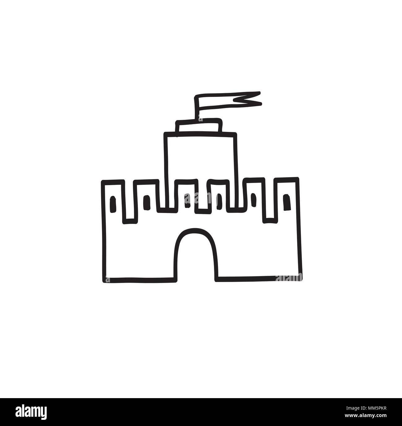 Castle icon. Hand drawn doodle castle building isolated with handwritten lettering CASTLE Stock Vector