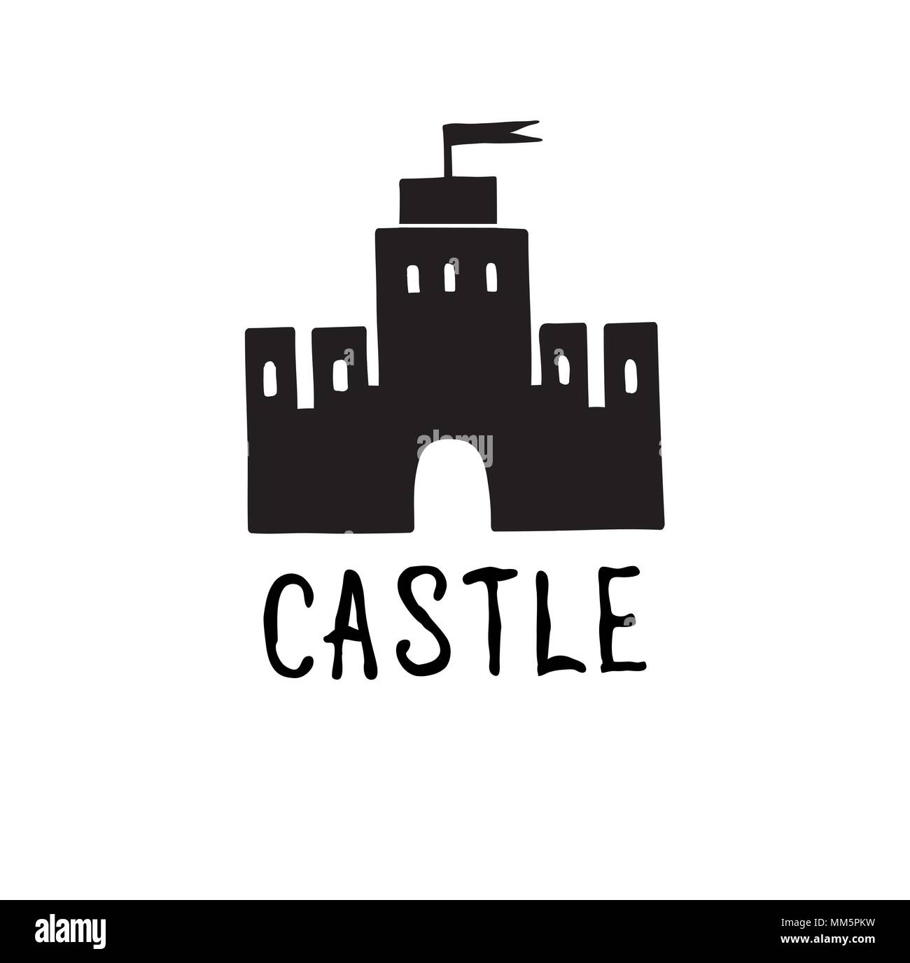 Castle icon. Doodle castle building view with tower, handwritten lettering CASTLE Stock Vector