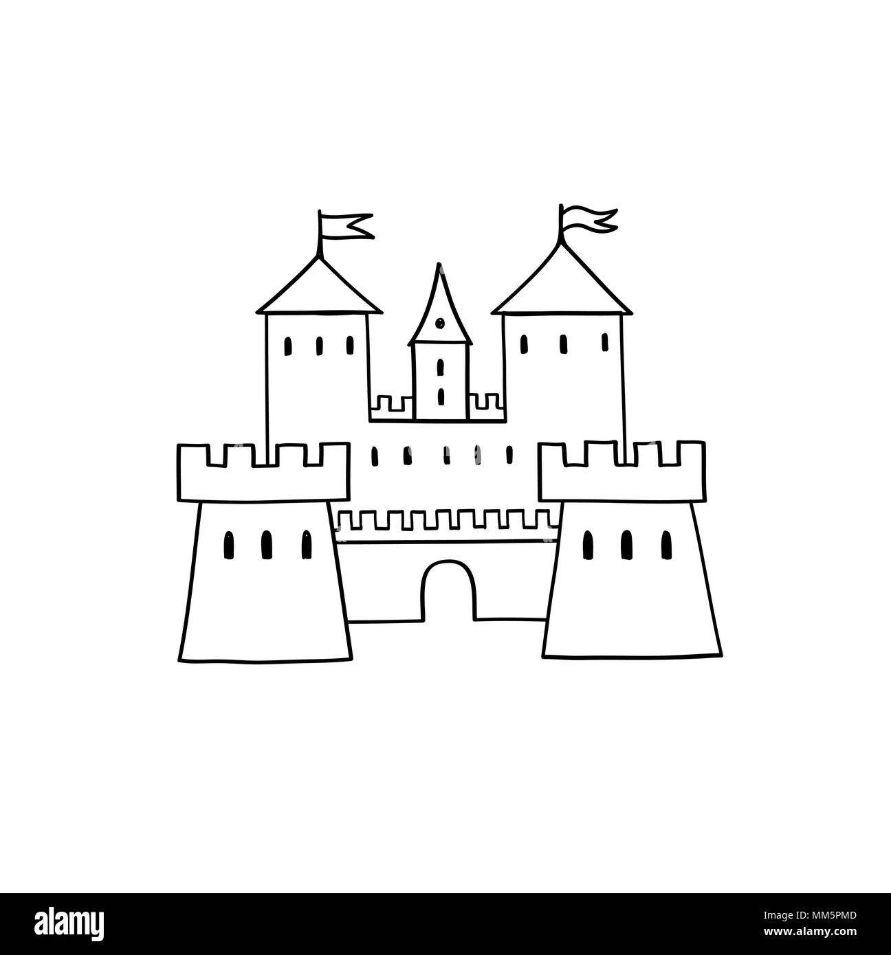 Castle icon. Hand drawn doodle castle building isolated with handwritten lettering CASTLE Stock Vector