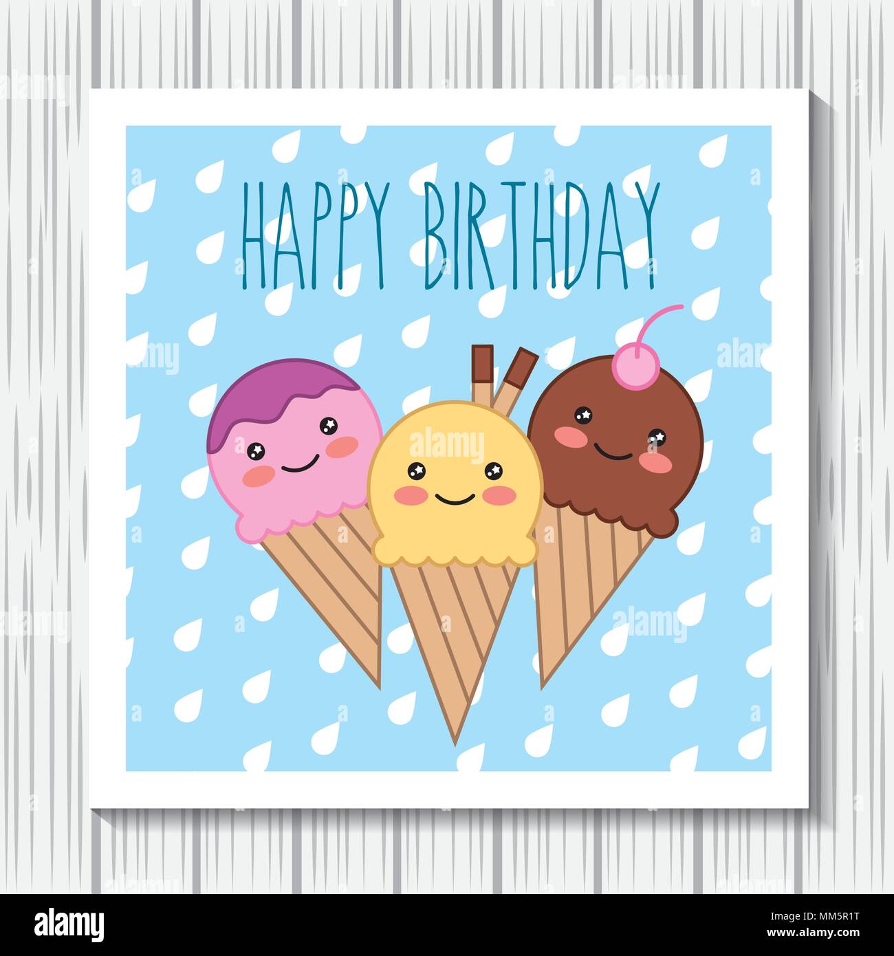 happy birthday card kawaii ice cream sweet cartoon vector illustration