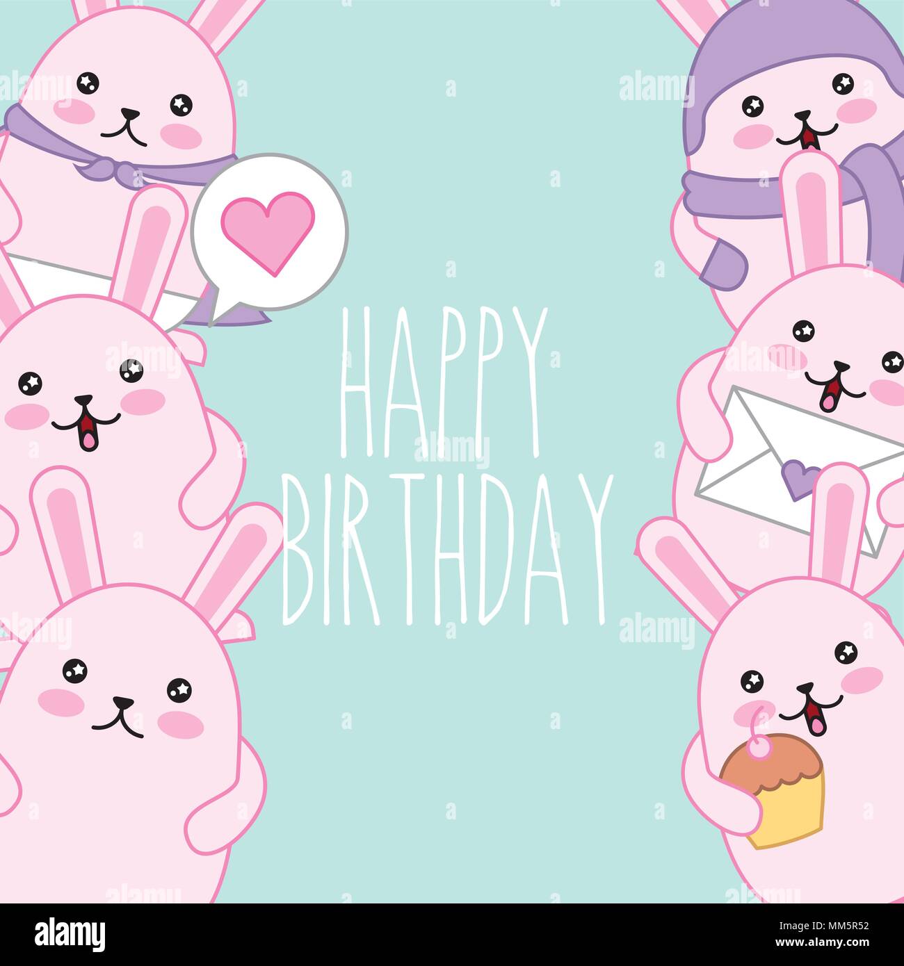 Happy Birthday Greeting Card Kawaii Bunnies Decoration Vector Illustration Stock Vector Image Art Alamy