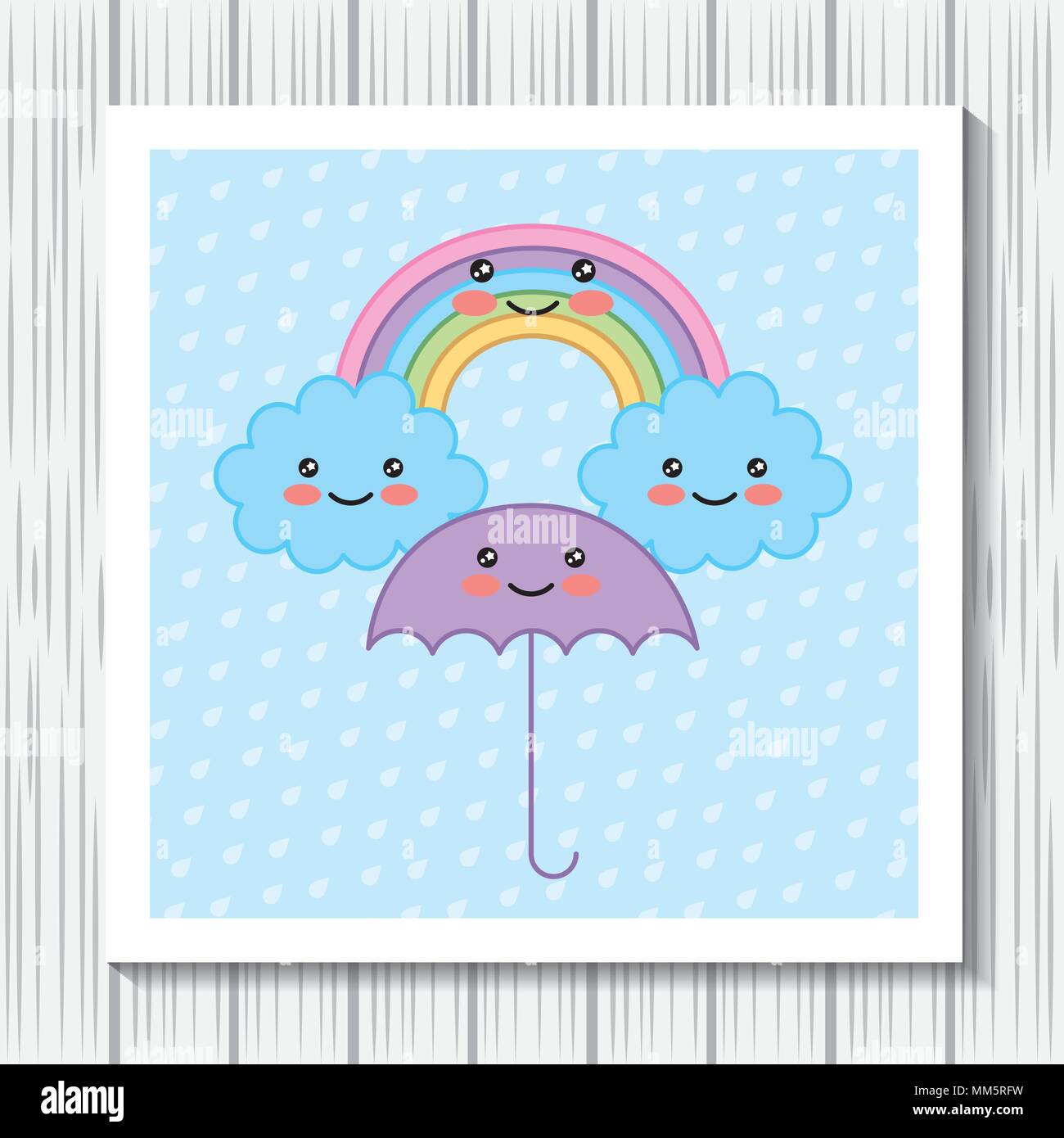 kawaii cartoon rainbow umbrella clouds dots background vector ...